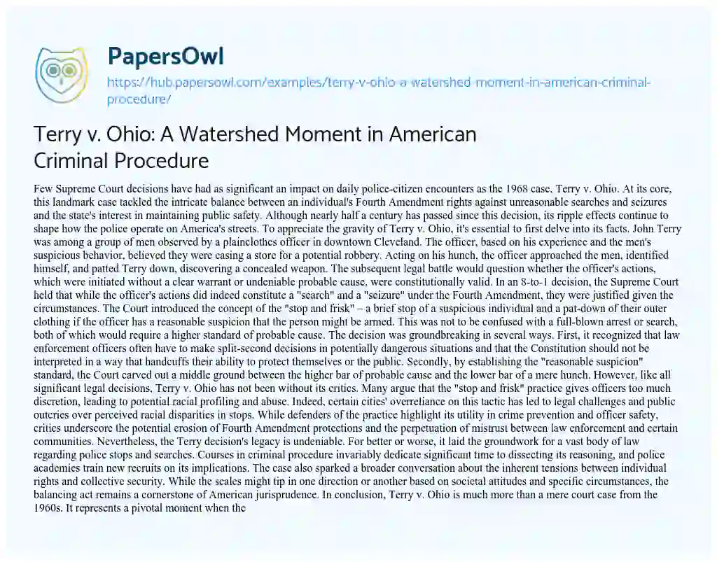 Essay on Terry v. Ohio: A Watershed Moment in American Criminal Procedure