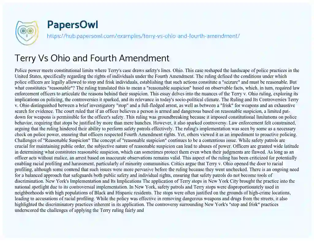 Essay on Terry Vs Ohio and Fourth Amendment