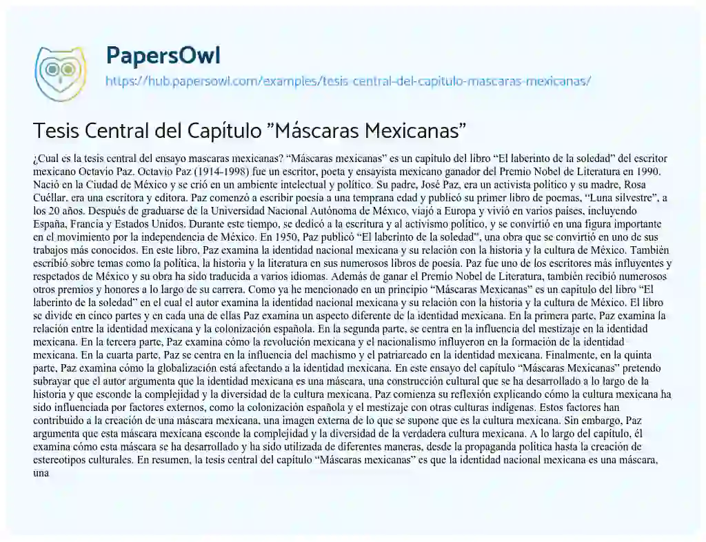Essay on Tesis Central del Capítulo “Máscaras Mexicanas”
