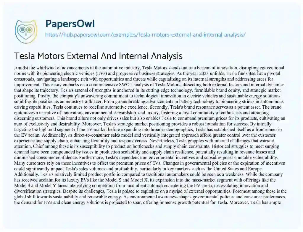 Essay on Tesla Motors External And Internal Analysis