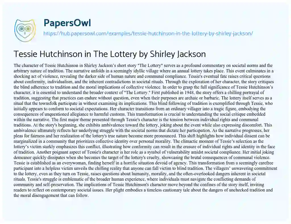 Essay on Tessie Hutchinson in The Lottery by Shirley Jackson