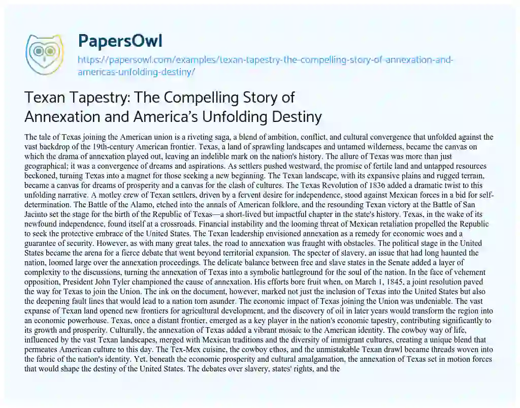 Essay on Texan Tapestry: The Compelling Story of Annexation and America’s Unfolding Destiny