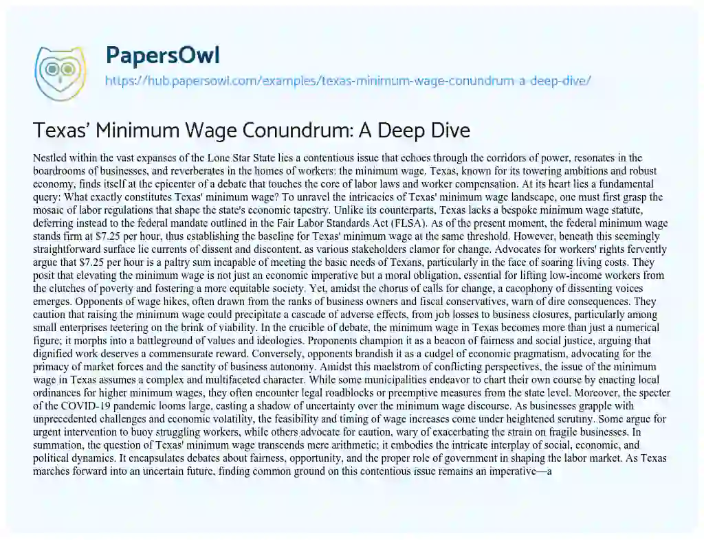 Essay on Texas’ Minimum Wage Conundrum: A Deep Dive