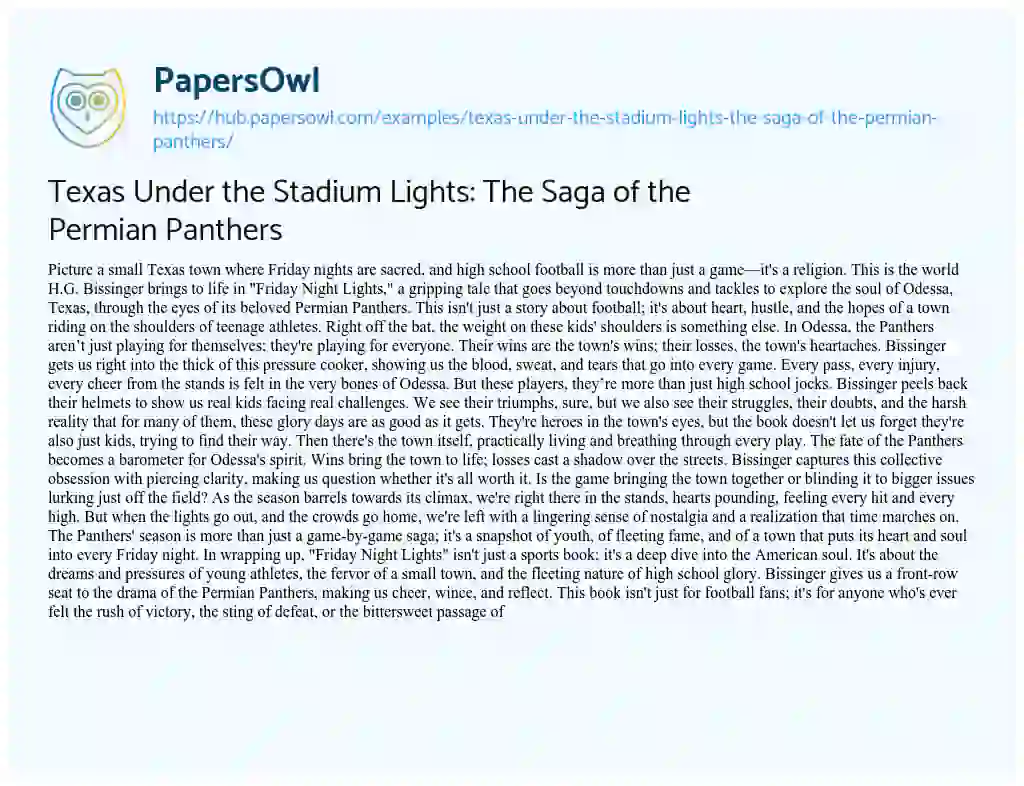 Essay on Texas Under the Stadium Lights: The Saga of the Permian Panthers