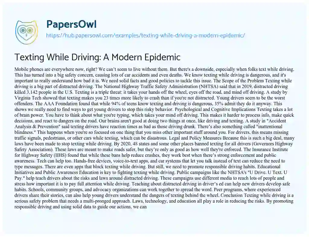 Essay on Texting While Driving: A Modern Epidemic