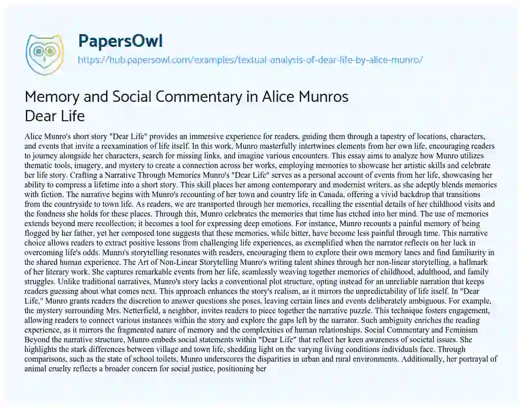 Essay on Memory and Social Commentary in Alice Munros Dear Life