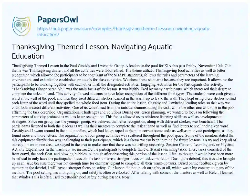 Essay on Thanksgiving-Themed Lesson: Navigating Aquatic Education