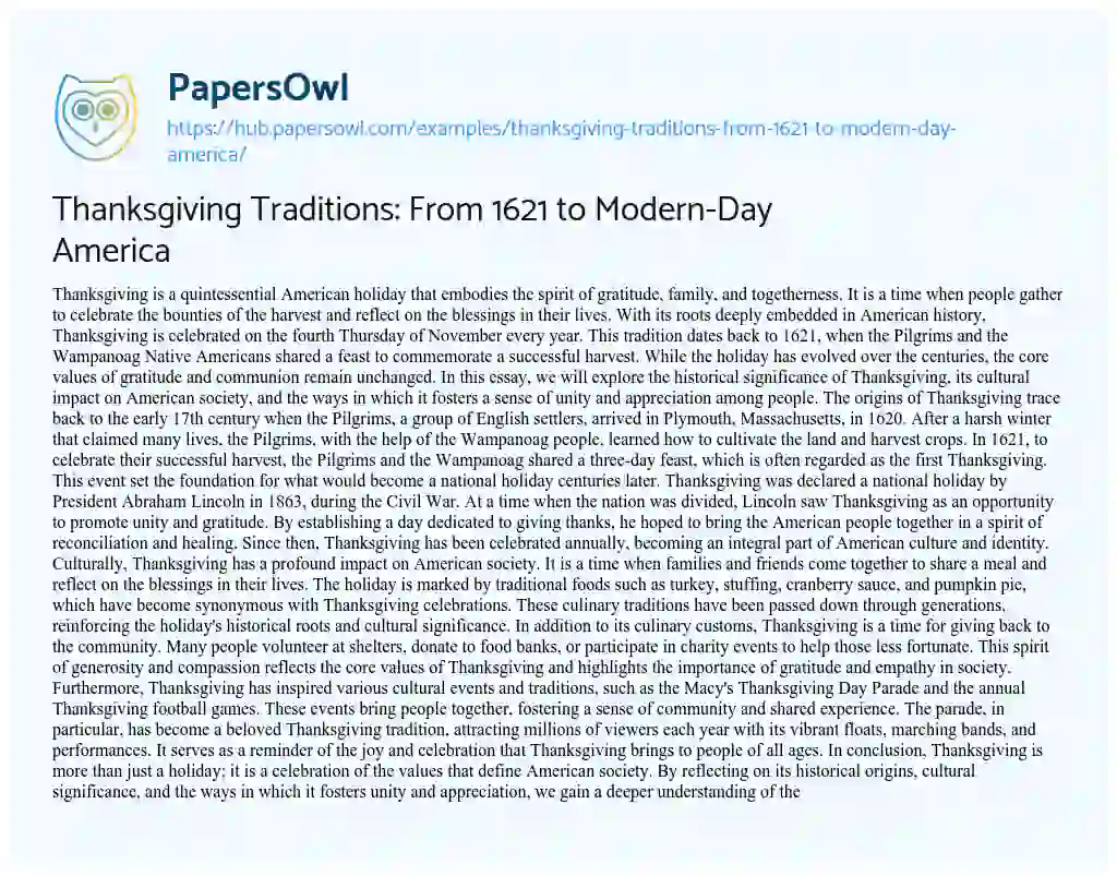 Essay on Thanksgiving Traditions: From 1621 to Modern-Day America