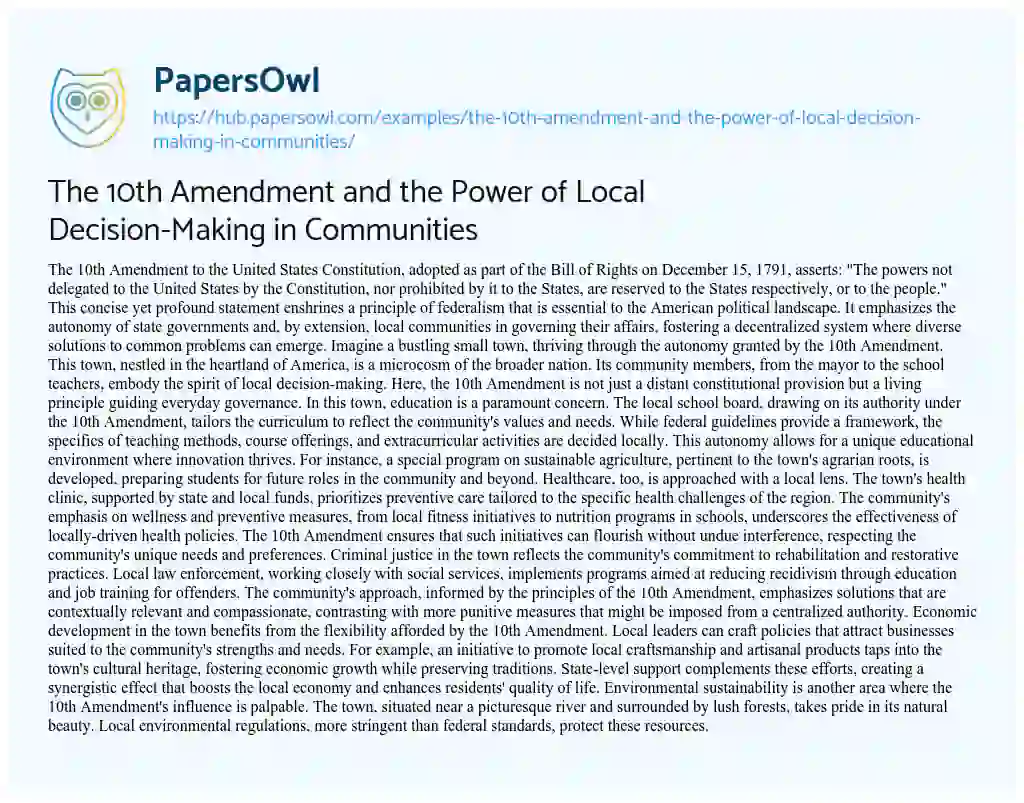 Essay on The 10th Amendment and the Power of Local Decision-Making in Communities