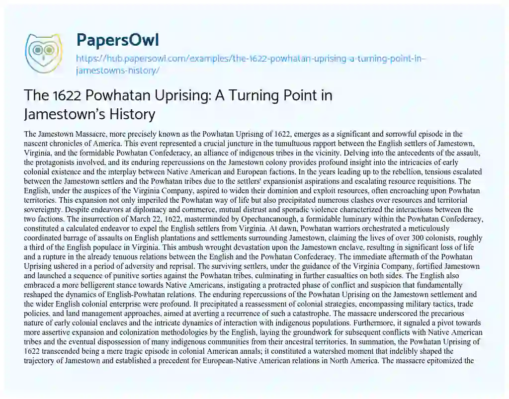 Essay on The 1622 Powhatan Uprising: A Turning Point in Jamestown’s History