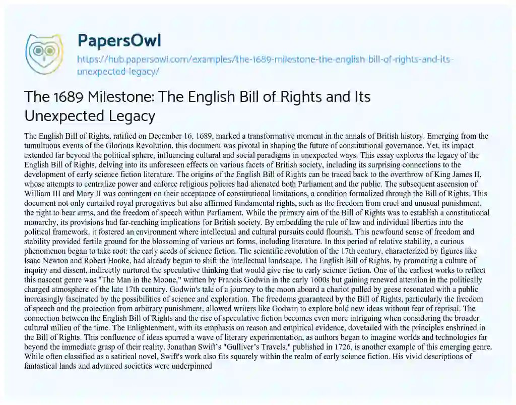Essay on The 1689 Milestone: The English Bill of Rights and Its Unexpected Legacy