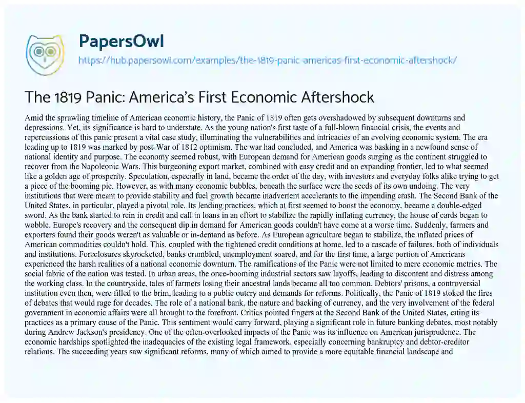 Essay on The 1819 Panic: America’s First Economic Aftershock