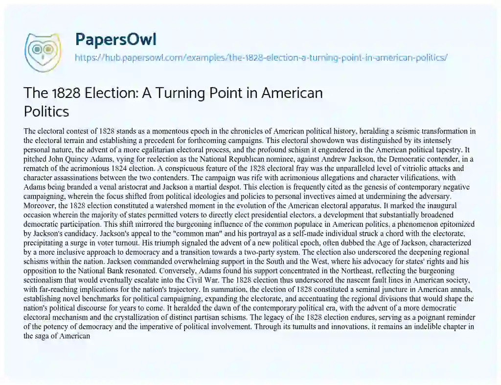 Essay on The 1828 Election: A Turning Point in American Politics