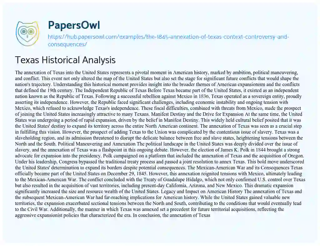 Essay on Texas Historical Analysis