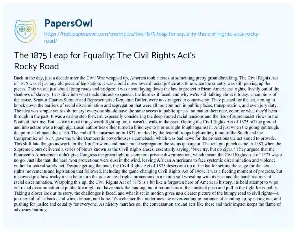 Essay on The 1875 Leap for Equality: The Civil Rights Act’s Rocky Road