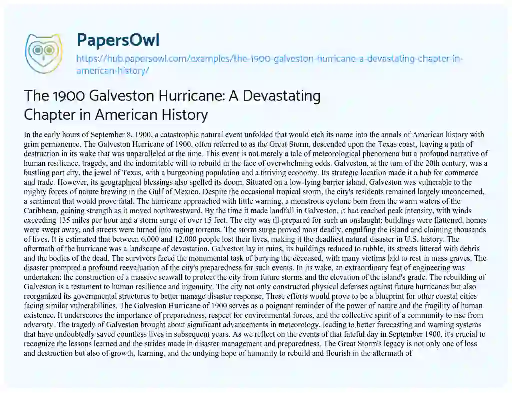 Essay on The 1900 Galveston Hurricane: A Devastating Chapter in American History