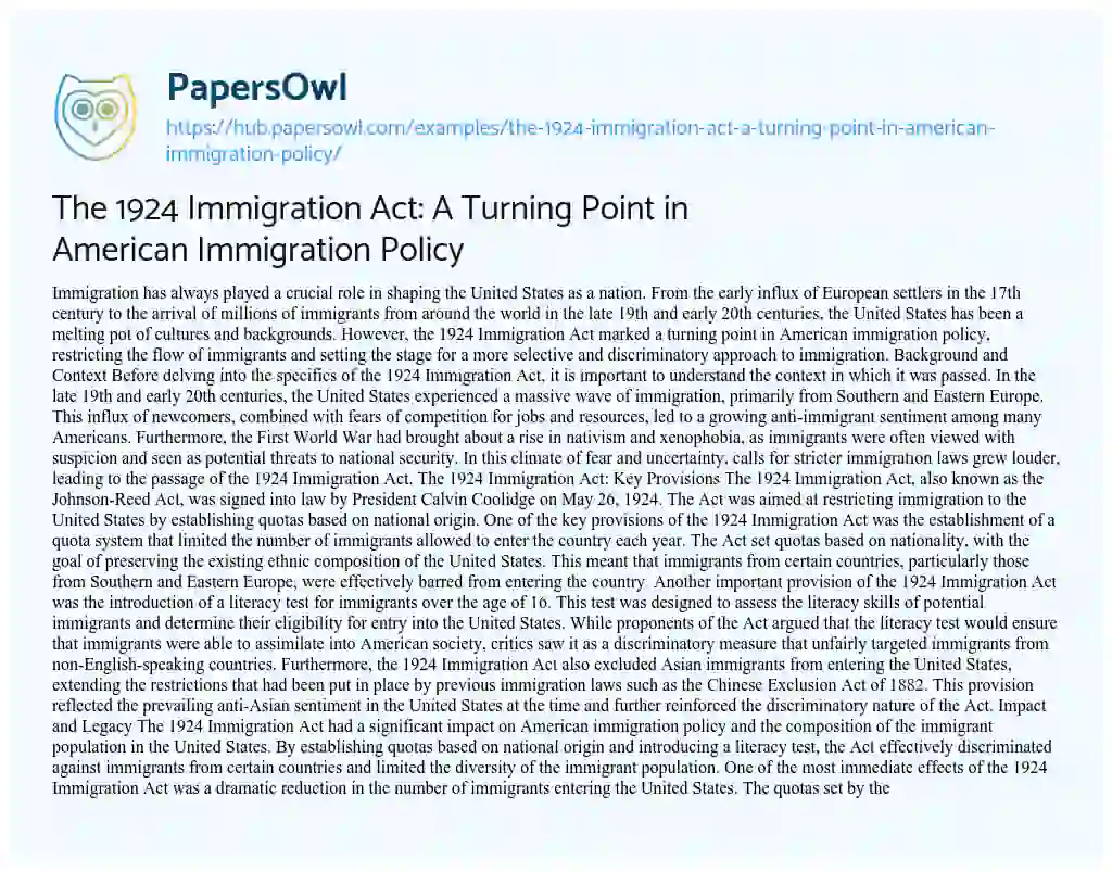 Essay on The 1924 Immigration Act: A Turning Point in American Immigration Policy