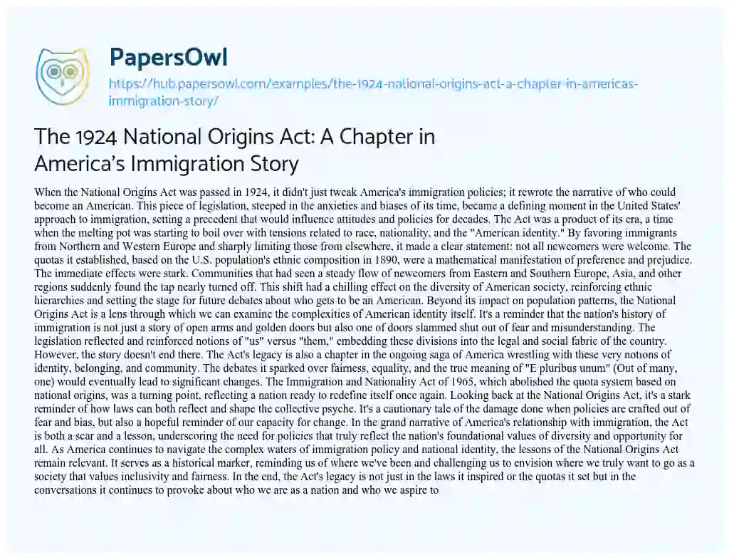 Essay on The 1924 National Origins Act: A Chapter in America’s Immigration Story