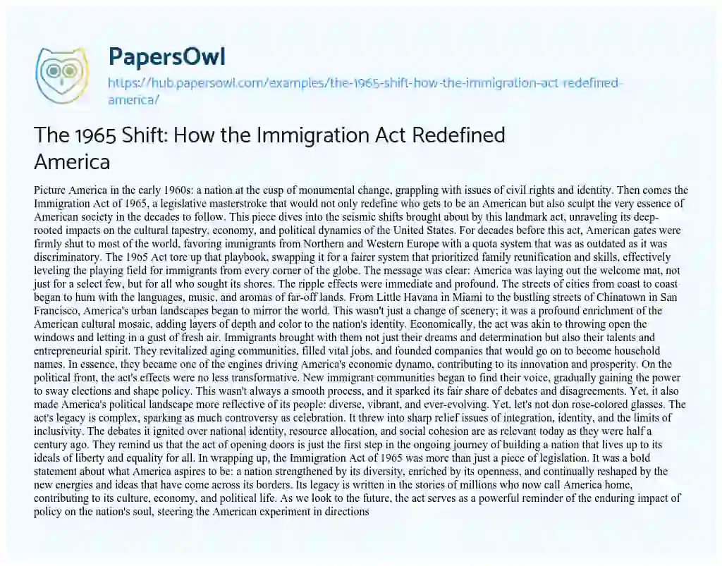 Essay on The 1965 Shift: How the Immigration Act Redefined America