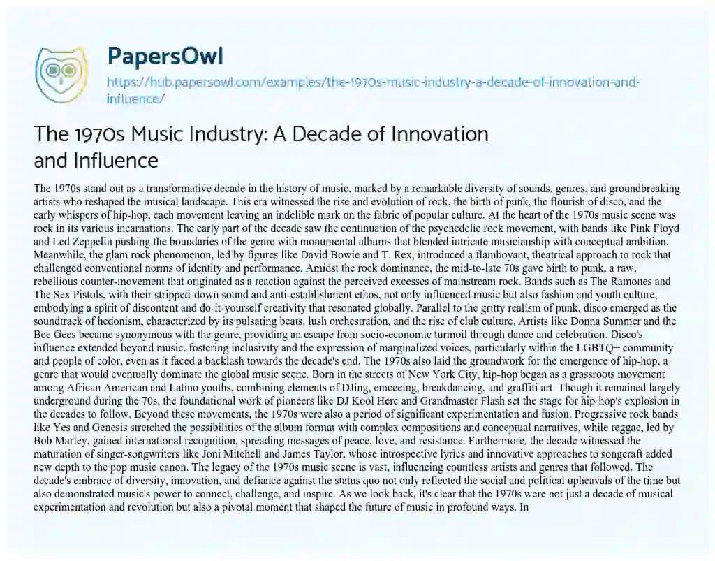 Essay on The 1970s Music Industry: A Decade of Innovation and Influence