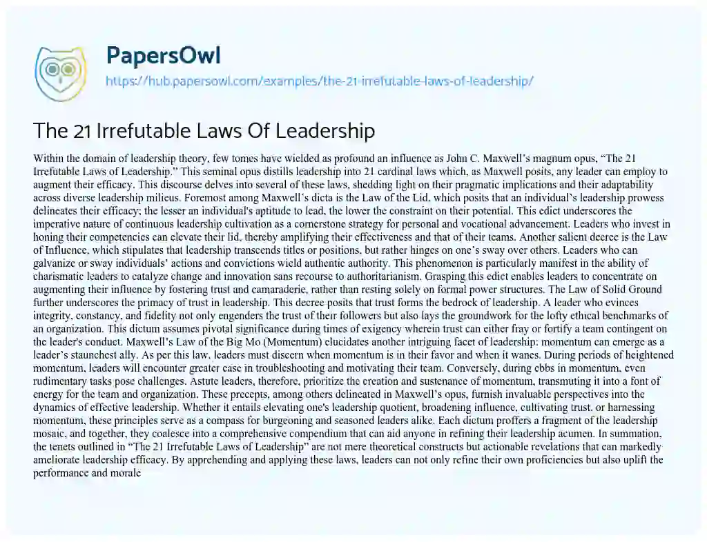 Essay on The 21 Irrefutable Laws Of Leadership