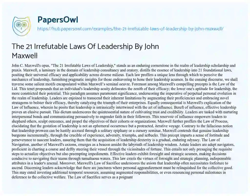 Essay on The 21 Irrefutable Laws Of Leadership By John Maxwell