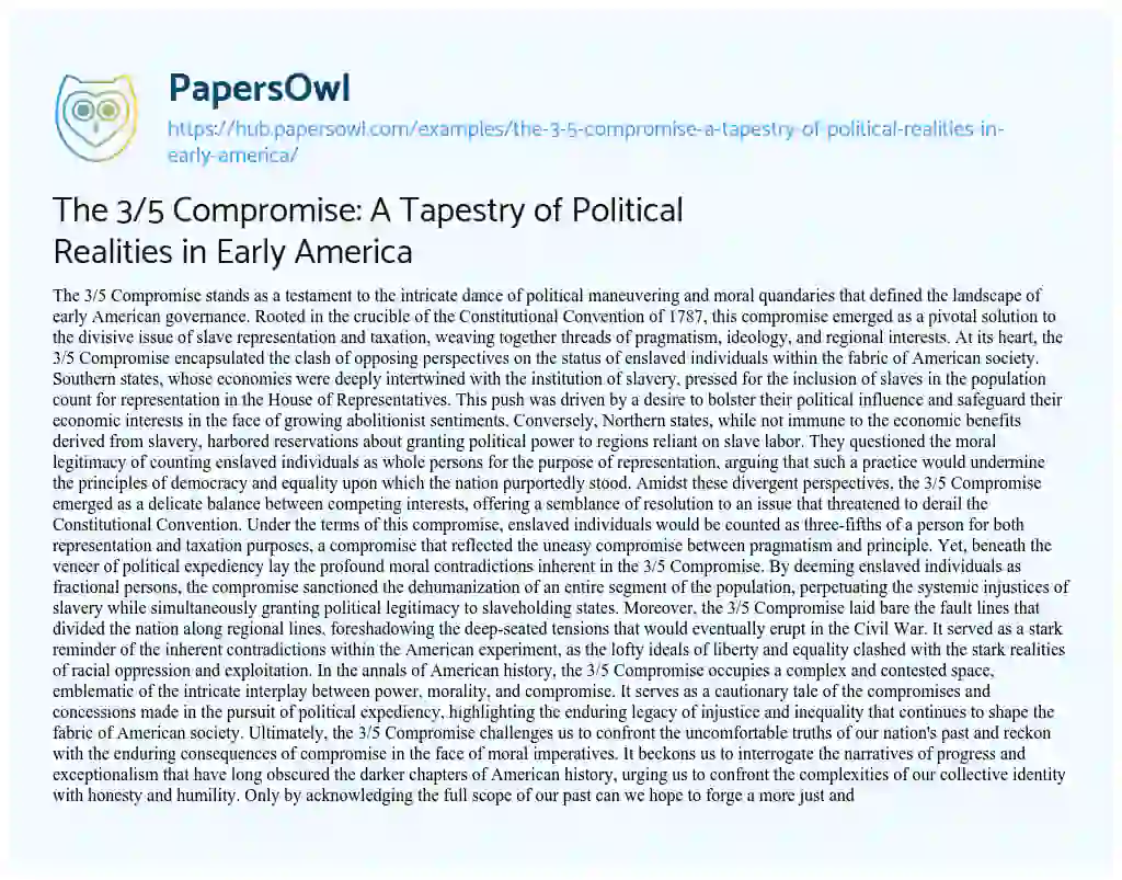 Essay on The 3/5 Compromise: A Tapestry of Political Realities in Early America
