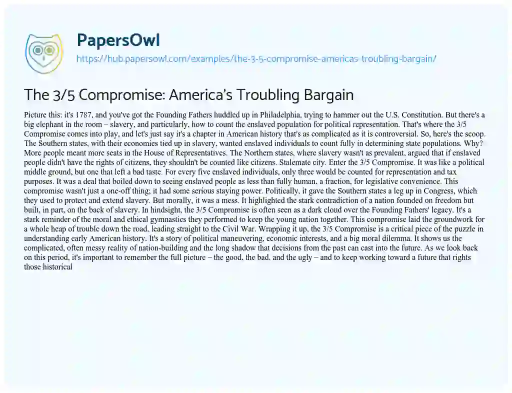Essay on The 3/5 Compromise: America’s Troubling Bargain