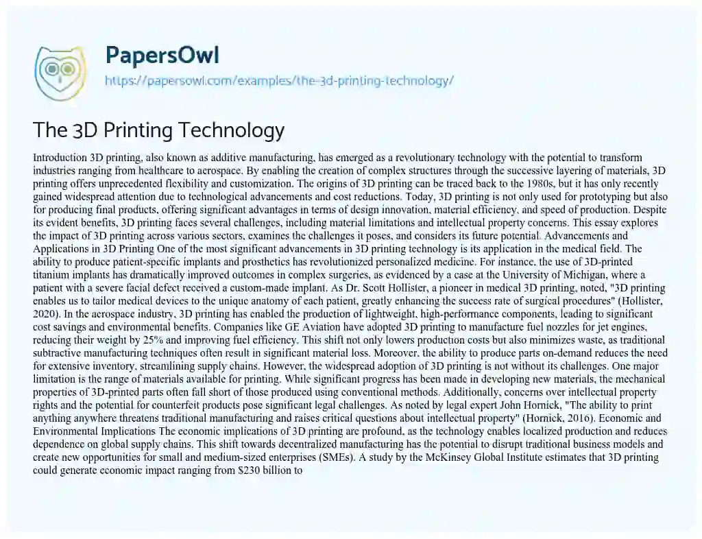 Essay on The 3D Printing Technology