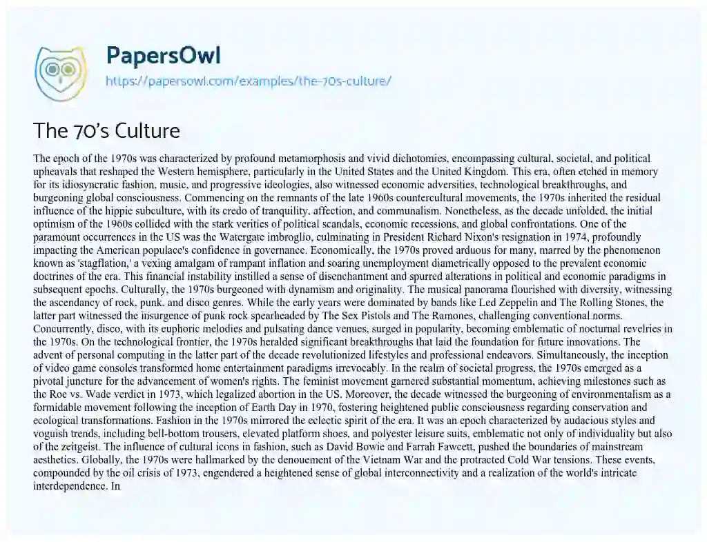 Essay on The 70’s Culture