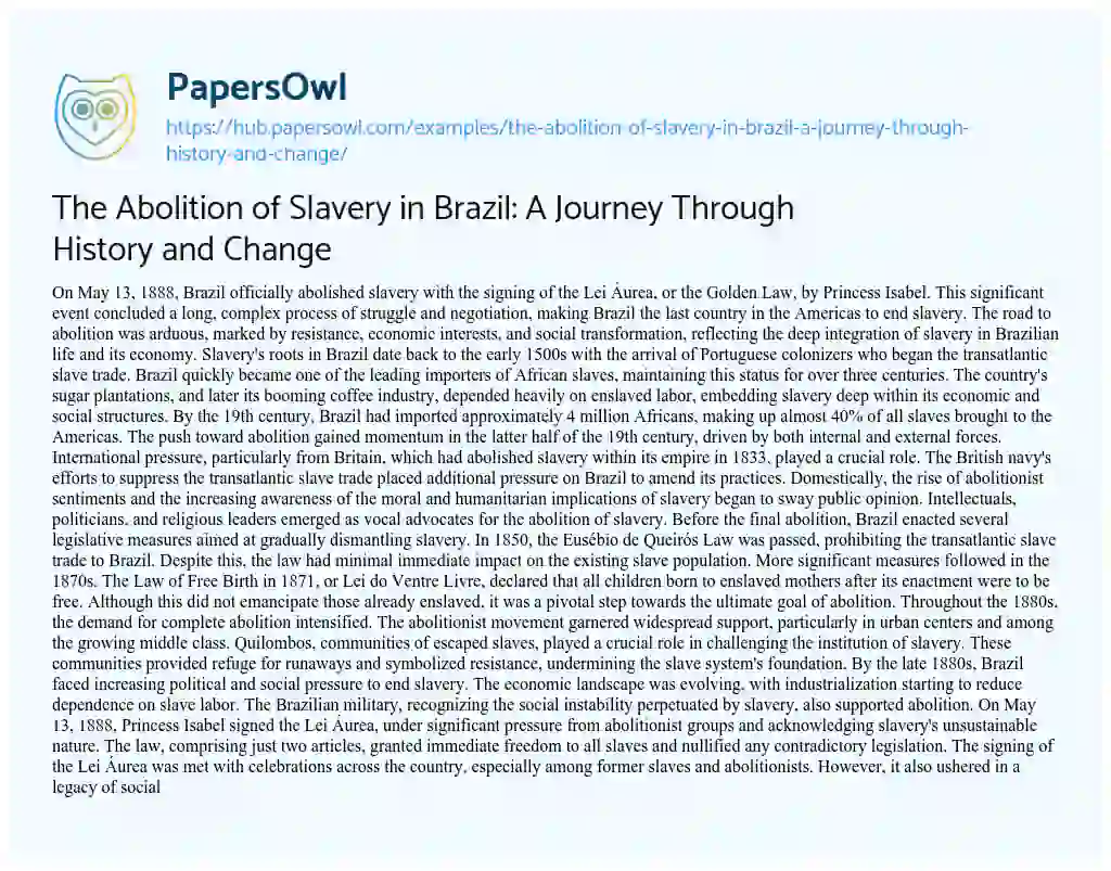 Essay on The Abolition of Slavery in Brazil: A Journey Through History and Change