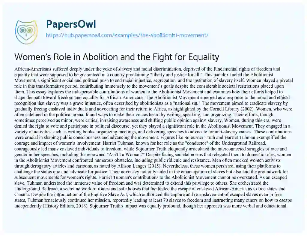 Essay on Women’s Role in Abolition and the Fight for Equality