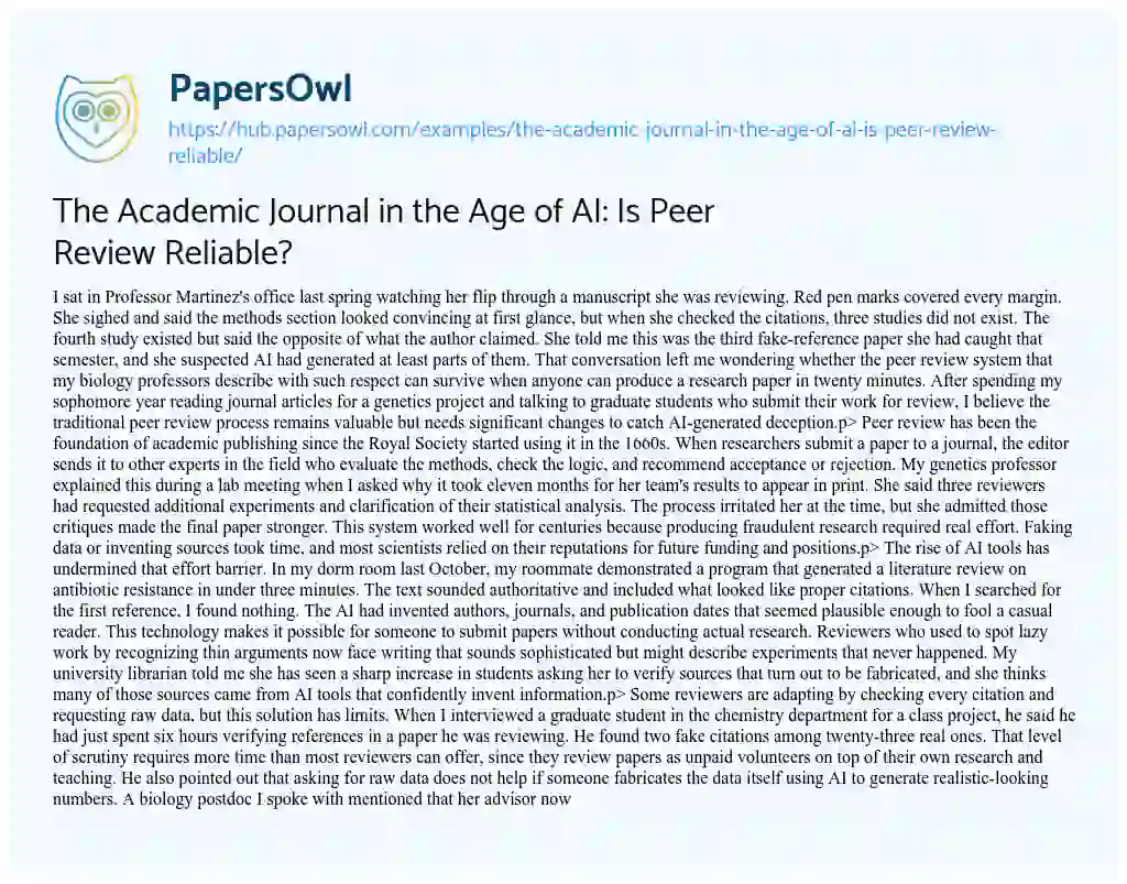 Essay on The Academic Journal in the Age of AI: Is Peer Review Reliable?