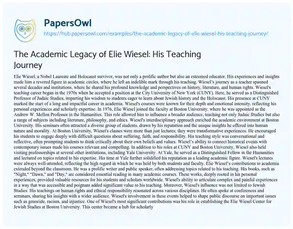 Essay on The Academic Legacy of Elie Wiesel: His Teaching Journey