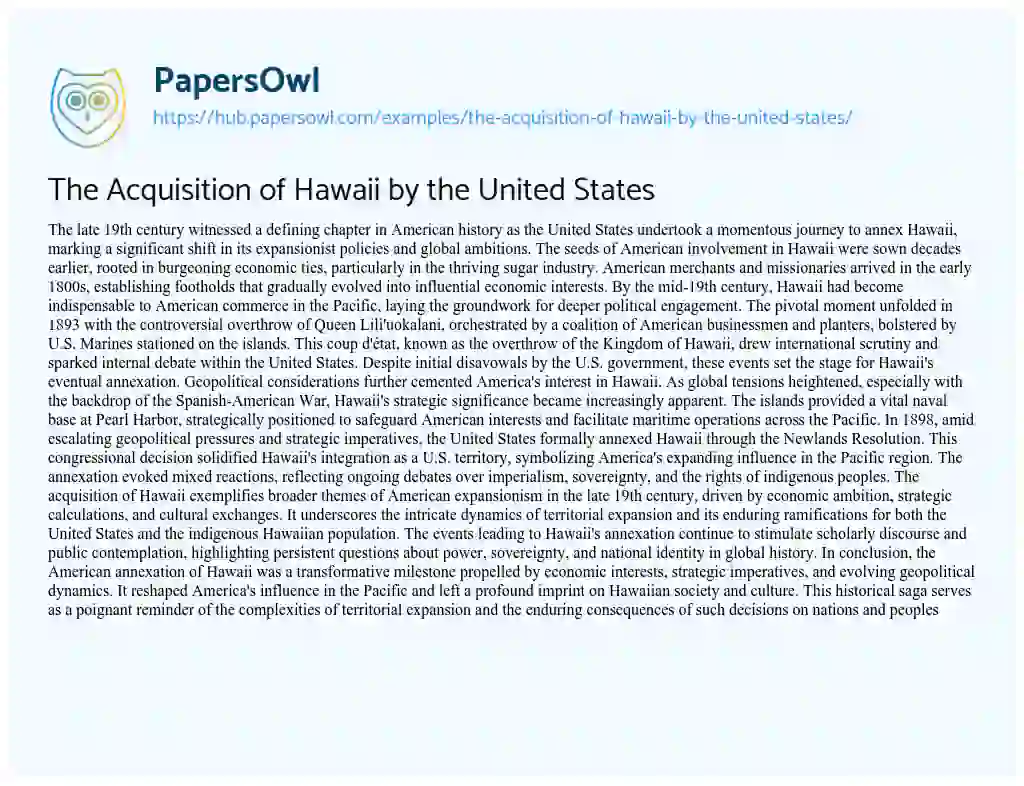 Essay on The Acquisition of Hawaii by the United States