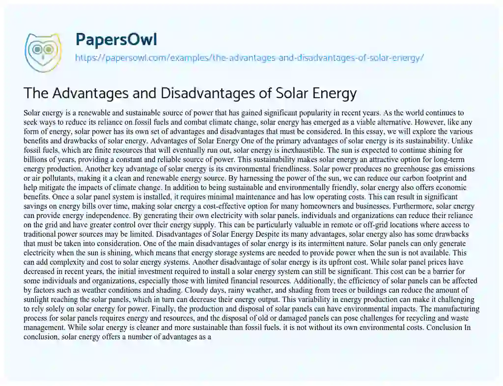 Essay on The Advantages and Disadvantages of Solar Energy