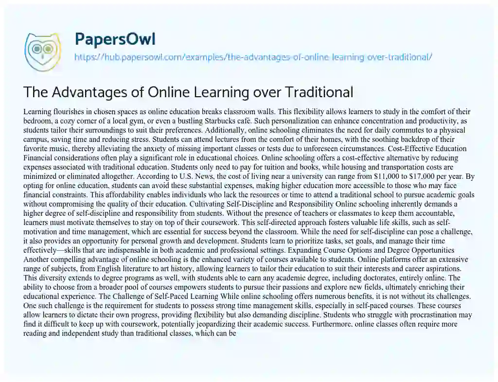 Essay on The Advantages of Online Learning over Traditional