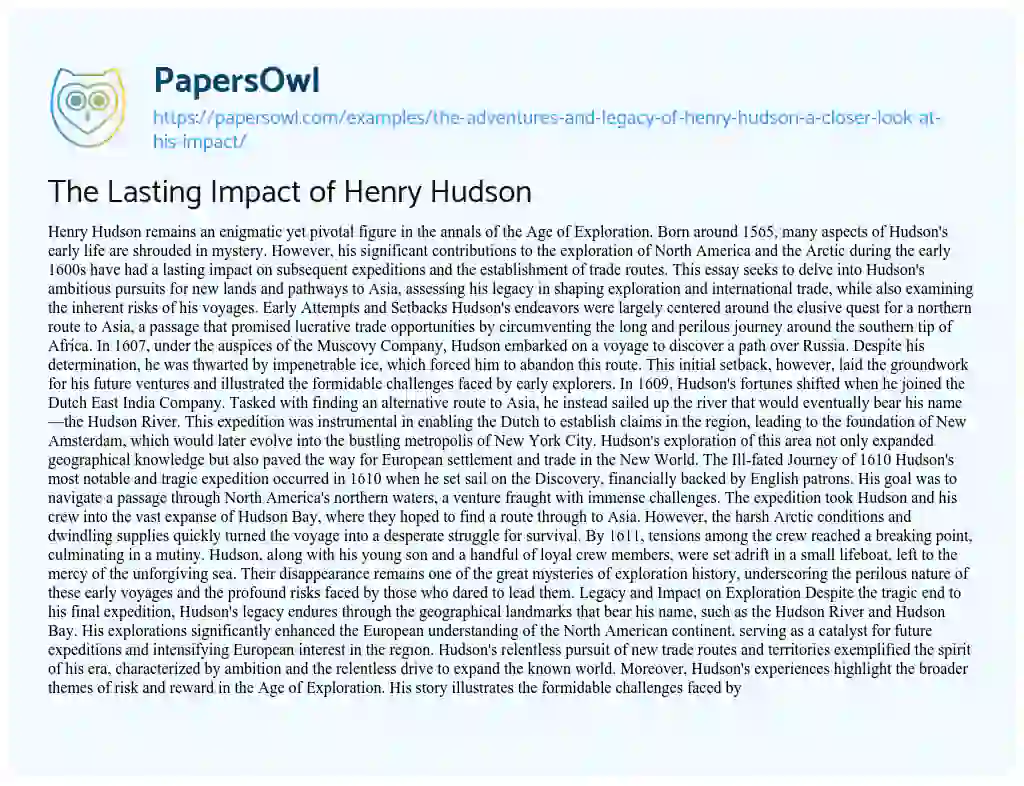 Essay on The Lasting Impact of Henry Hudson