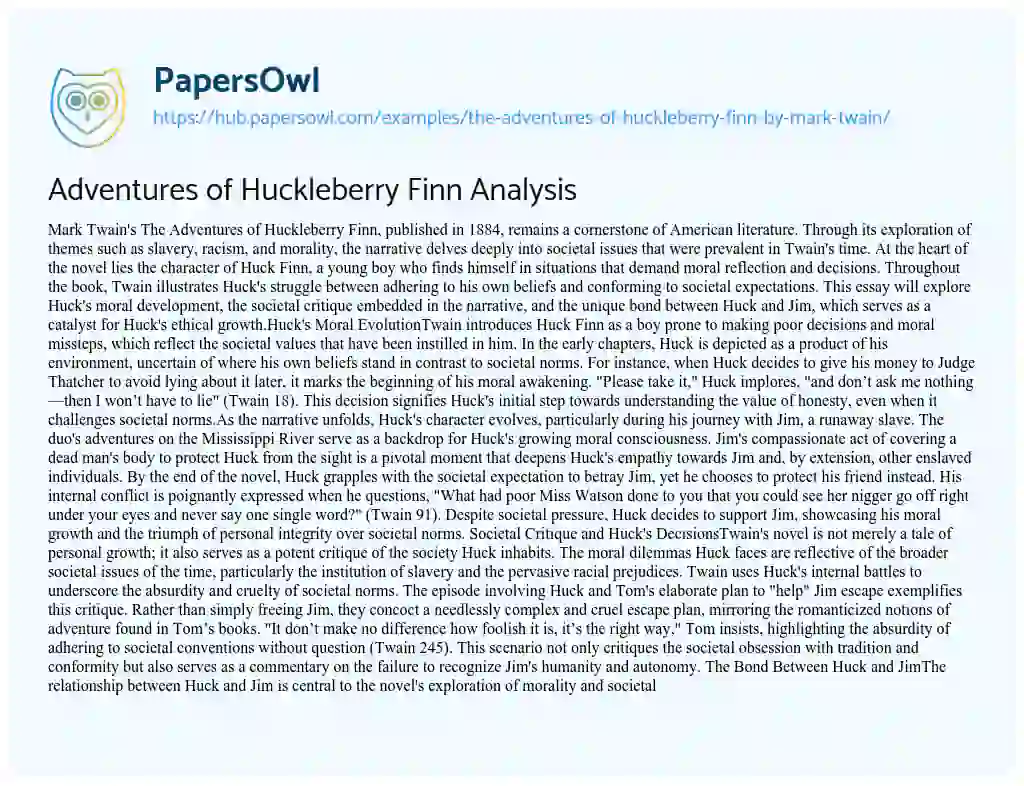 Essay on Adventures of Huckleberry Finn Analysis