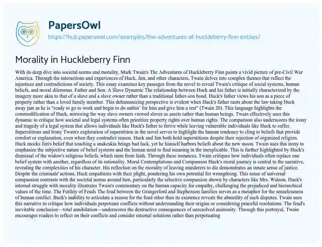 Essay on Morality in Huckleberry Finn