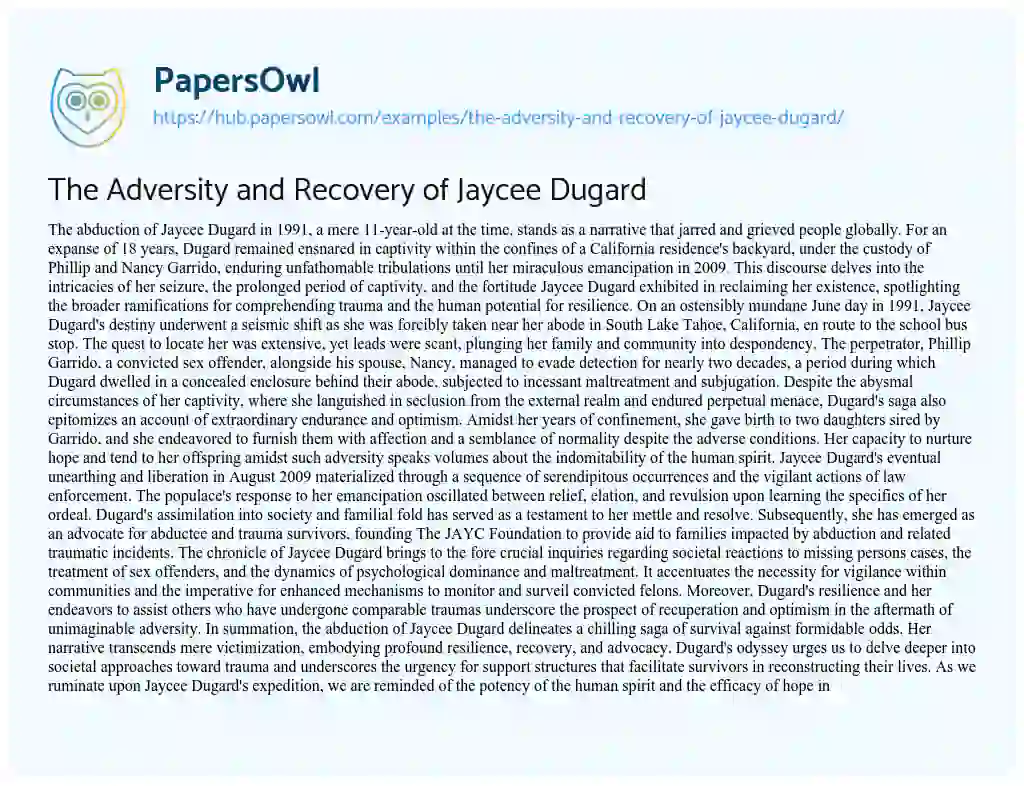 Essay on The Adversity and Recovery of Jaycee Dugard