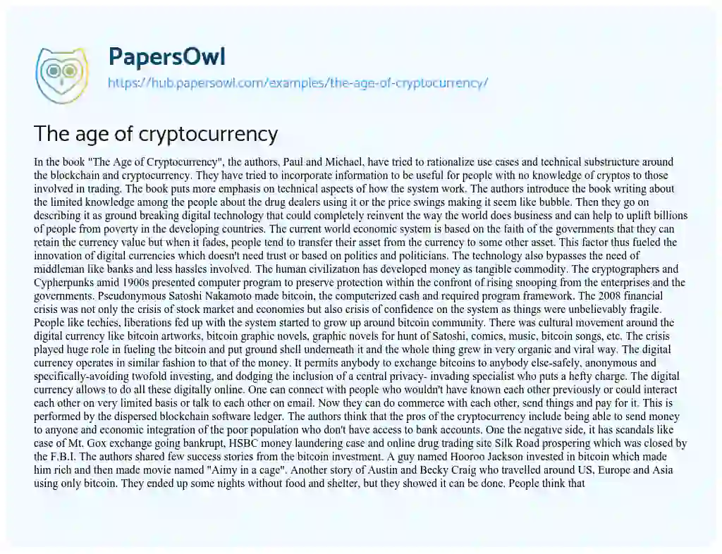 Essay on The age of cryptocurrency