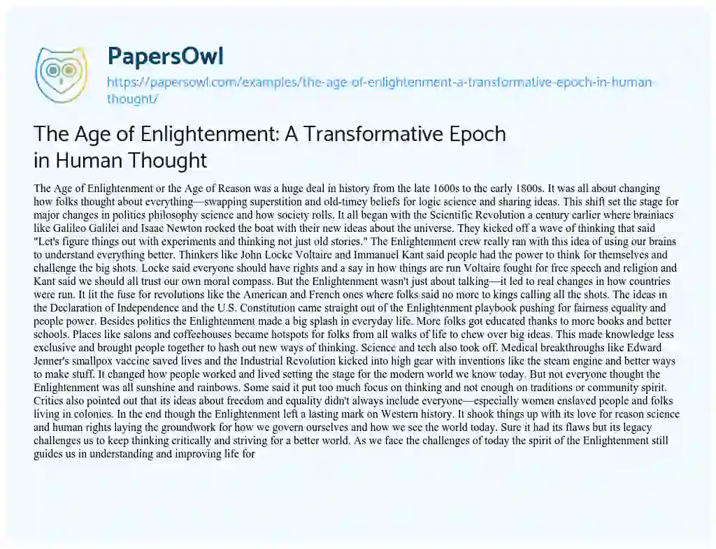 Essay on The Age of Enlightenment: A Transformative Epoch in Human Thought