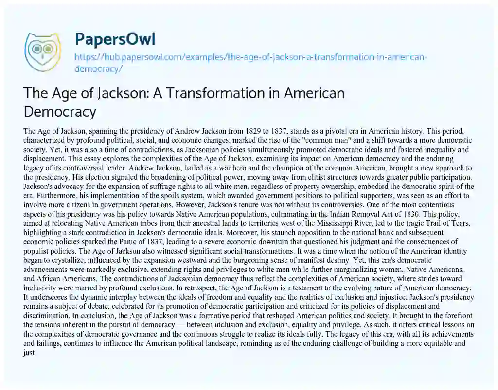 Essay on The Age of Jackson: A Transformation in American Democracy