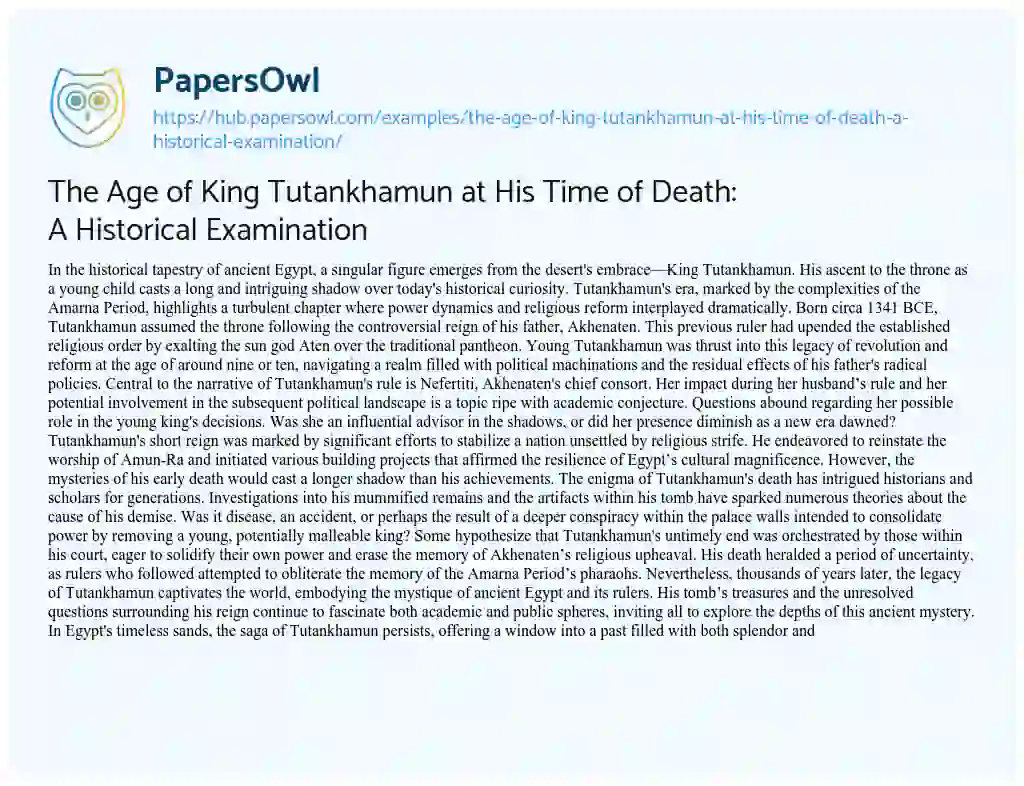 Essay on The Age of King Tutankhamun at His Time of Death: A Historical Examination