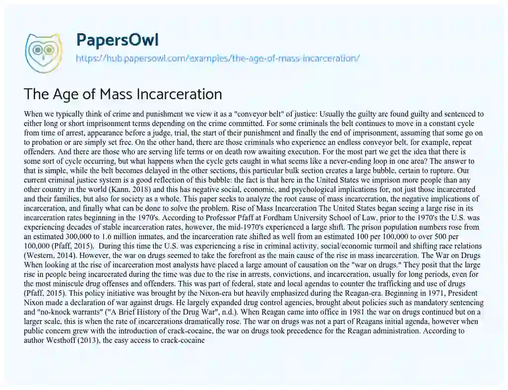 Essay on The Age of Mass Incarceration