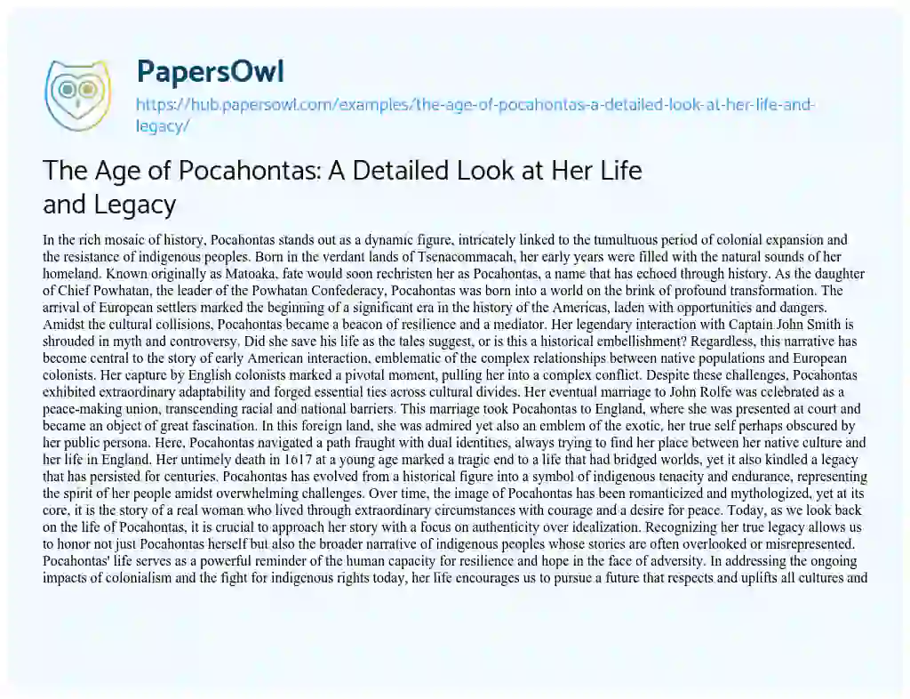 Essay on The Age of Pocahontas: A Detailed Look at Her Life and Legacy