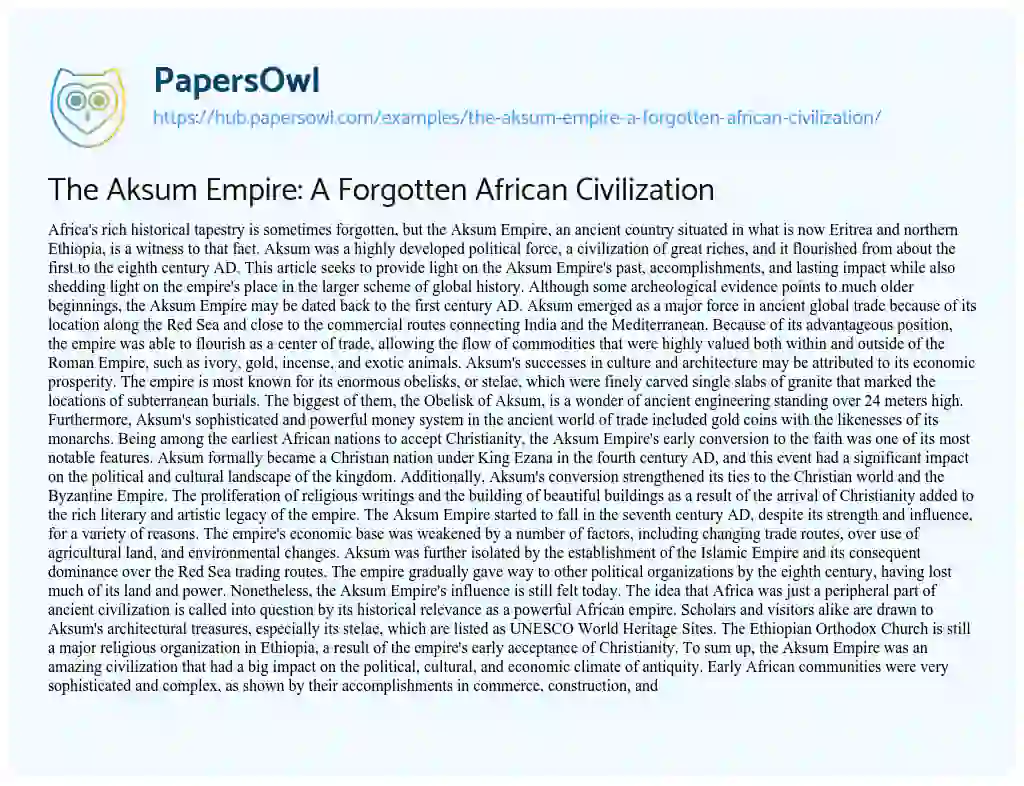 Essay on The Aksum Empire: A Forgotten African Civilization
