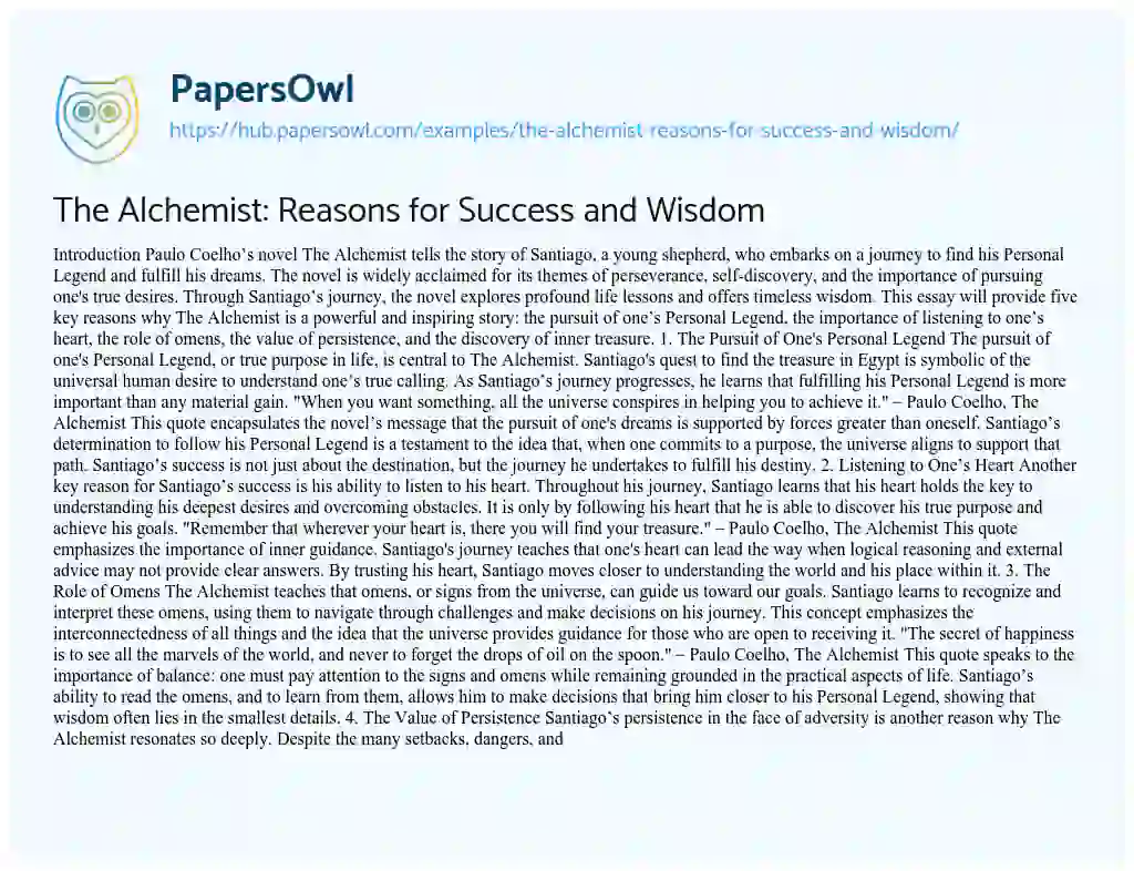 Essay on The Alchemist: Reasons for Success and Wisdom
