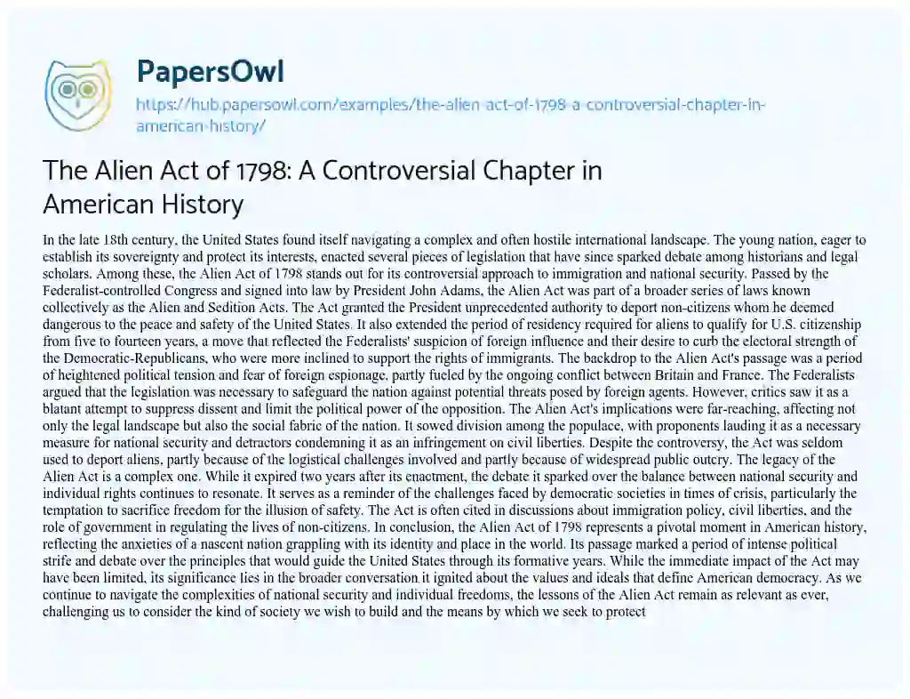 Essay on The Alien Act of 1798: A Controversial Chapter in American History
